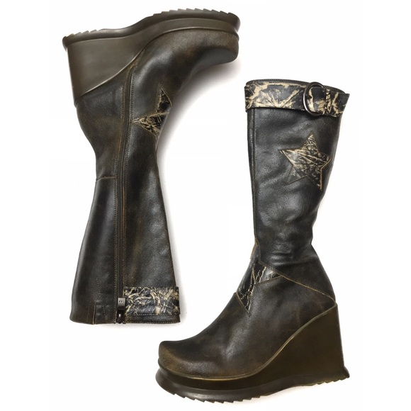 VTG Y2K Leather Star Detail Platform Tall Boots - Picture 2 of 8